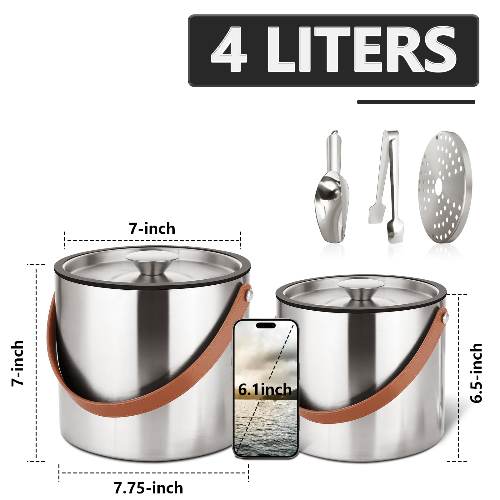 Bakpoco Eiskübel mit Deckel, Schaufel, Zange und Sieb, Edelstahl, doppelwandig, isoliert, für Partys und Cocktailbar, großer Champagner-Eisbehälter, hellbrauner Griff, 4 l