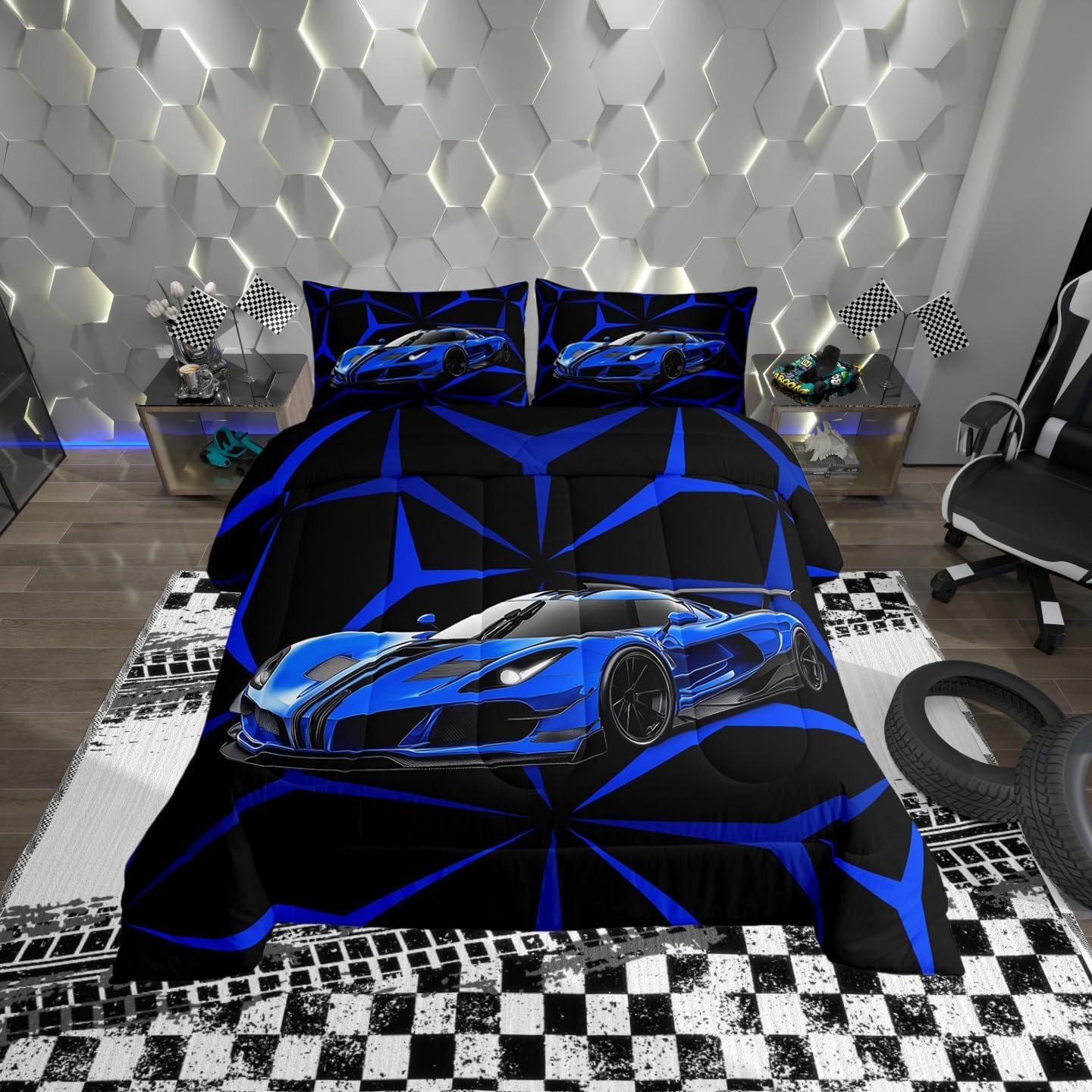 Blue Race Car Comforter Set Twin Size,Abstract Geometric Line Theme Breathable Bedding Set,Kids Adults Room Decor,Extreme Sport Theme Racing Car Microfiber Duvet Insert,1 Pillowcase