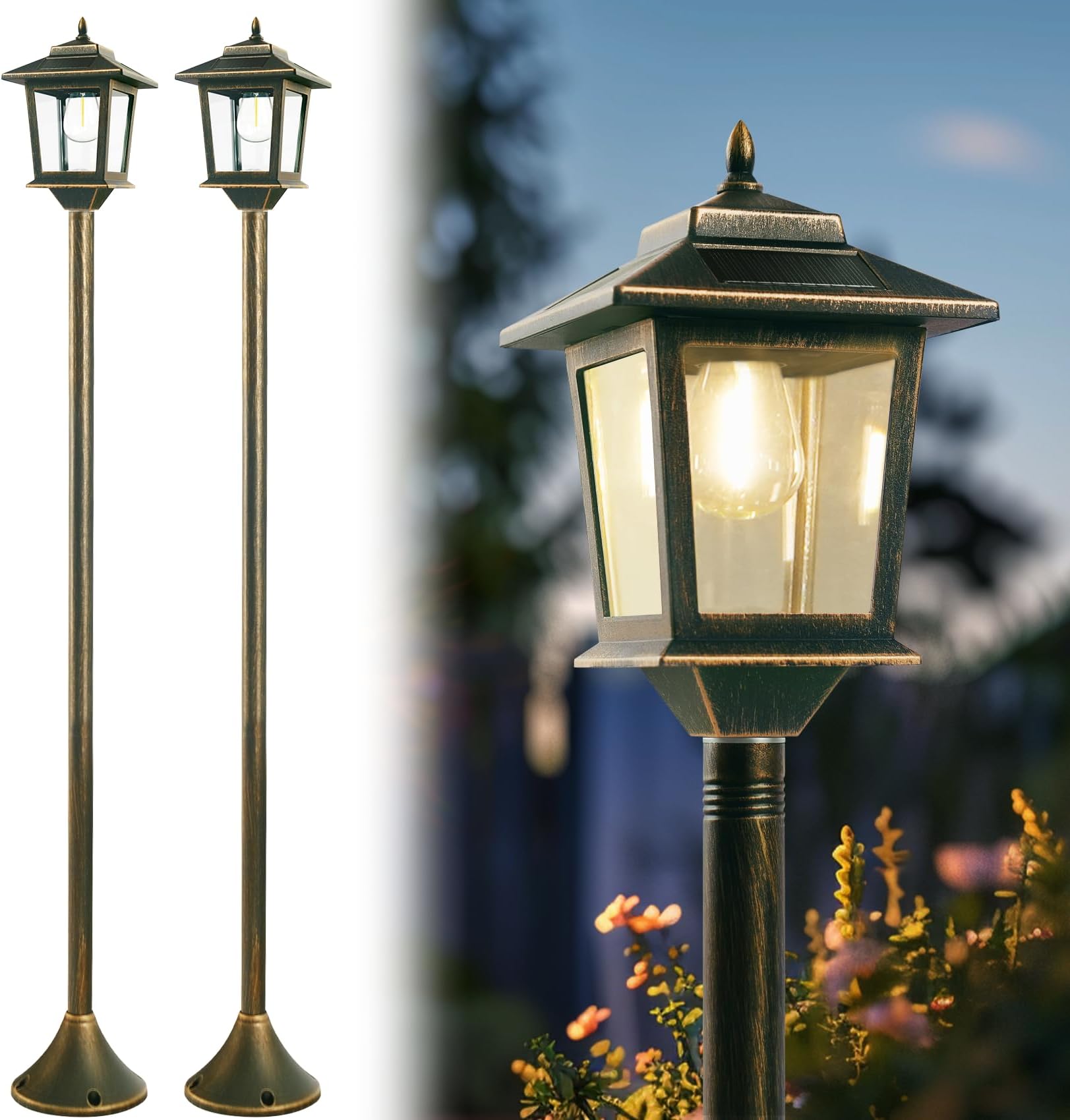63"Solar Lamp Post Lights 2Pack, Outdoor Post Lights Waterproof, Pole Lights Outdoor, Decorative Floor Lamp Vintage for Patio, Garden, Backyard, Pathway, Front/Back Door, Warm White, Replaceable Bulb