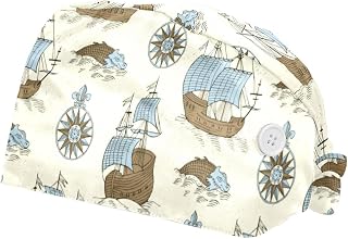 Ship Retro Background 2 Pack Adjustable Working Cap with Buttons Elastic Bouffant Hats Head Scarf with Sweatband for Women Men