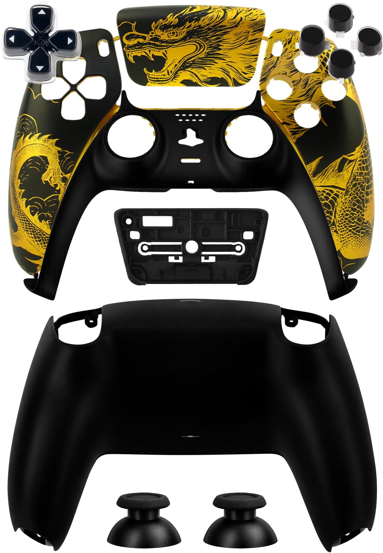 Front Shell Accessories Kit for PS5 Controller – Includes Faceplate, Touchpad, Thumbsticks, Buttons, D-Pad & Decorative Trim – Compatible with BDM-010/020 / 030/040 / 050 (Gold Dragon Style)