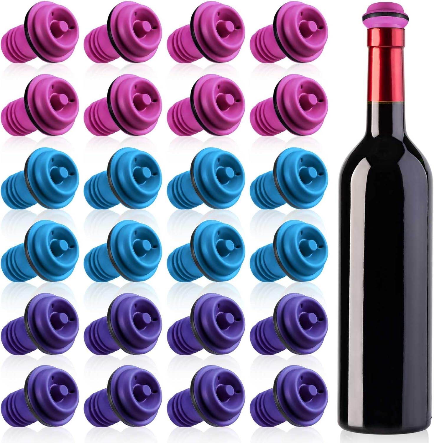 Leinuosen 24 Pcs Wine Vacuum Bottle Stoppers Multicolor Wine Bottle Caps to Preserve Freshness, Stylish and Durable, Reusable Pump Vacuum for Bar Parties Gifts(Red,Blue,Purple)
