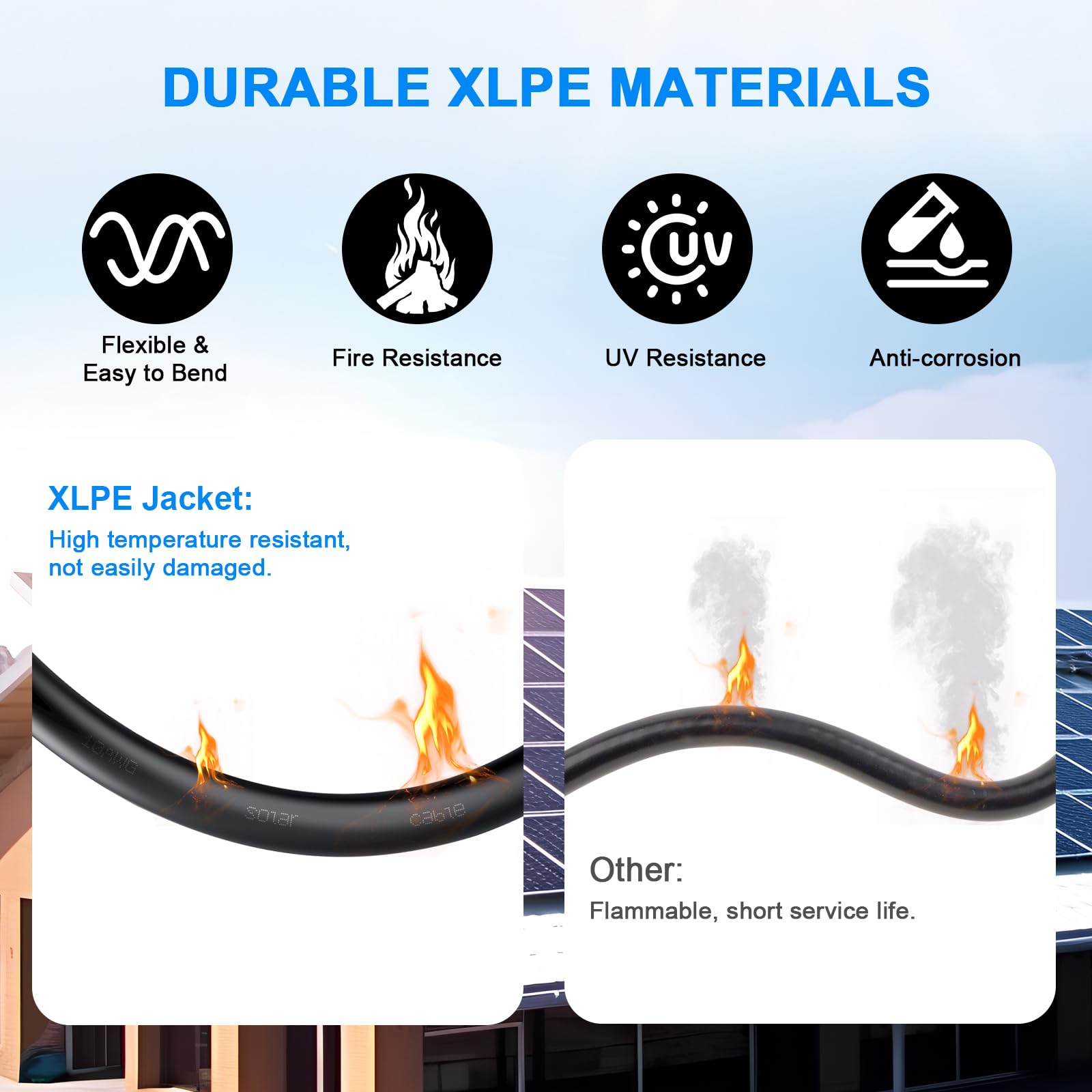 10AWG Solarkabel 6mm², 2 Pack 50FT Rot & Schwarz Solarpanel Kabel, 84 Stränge verzinntes Kupfer, XLPE Isolierter Außendraht für PV-Anlagen, Wechselrichter, Batterie, Wohnmobil, Auto, Boot - Feuer