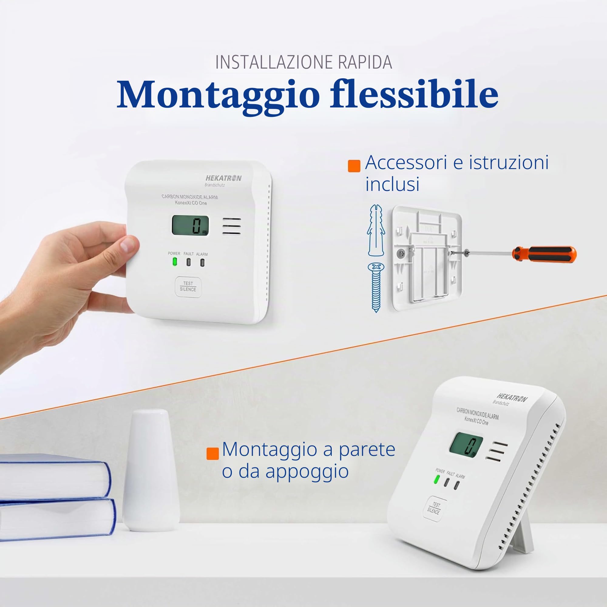 Hekatron KonexXt CO One - Rilevatore di monossido di carbonio 10 anni di batteria - Rilevatore CO con display chiaro e pulsante di allarme di prova, facile installazione