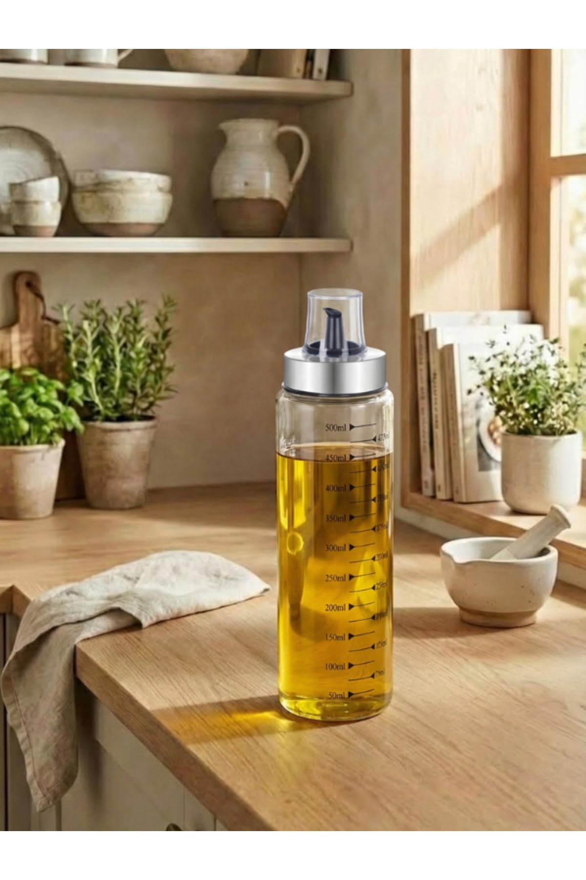 leelaHOME Metal Kapaklı Ölçülü Yağdanlık, Cam, Şeffaf, 550 ML