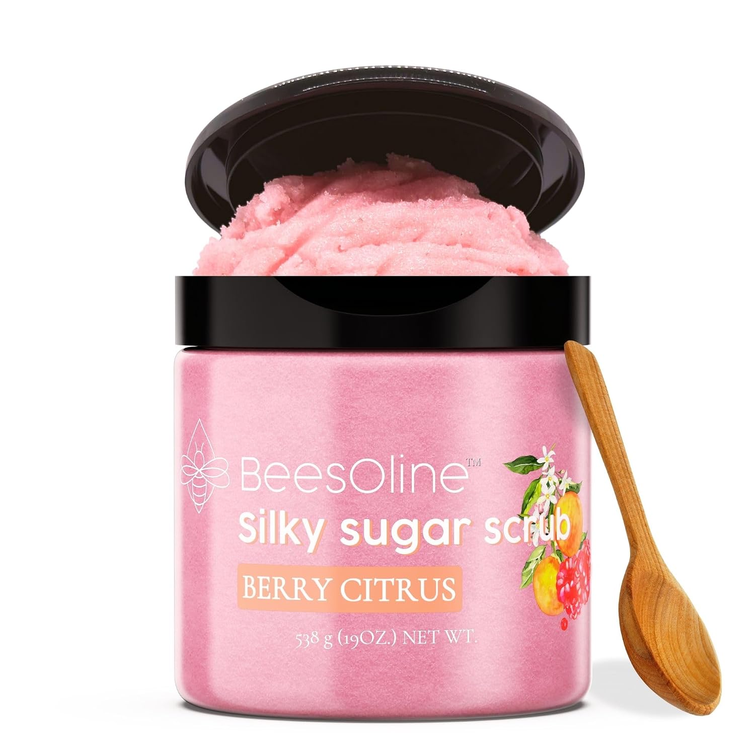 Sugar Scrub by BeesOline - Premium Fine Cane Sugar | Berry Citrus Scented - Extra Large 20oz, Convienent Flip-Top Lid, Organic Sunflower Oil & COCONUT OIL for Smooth Gentle Exfoliation