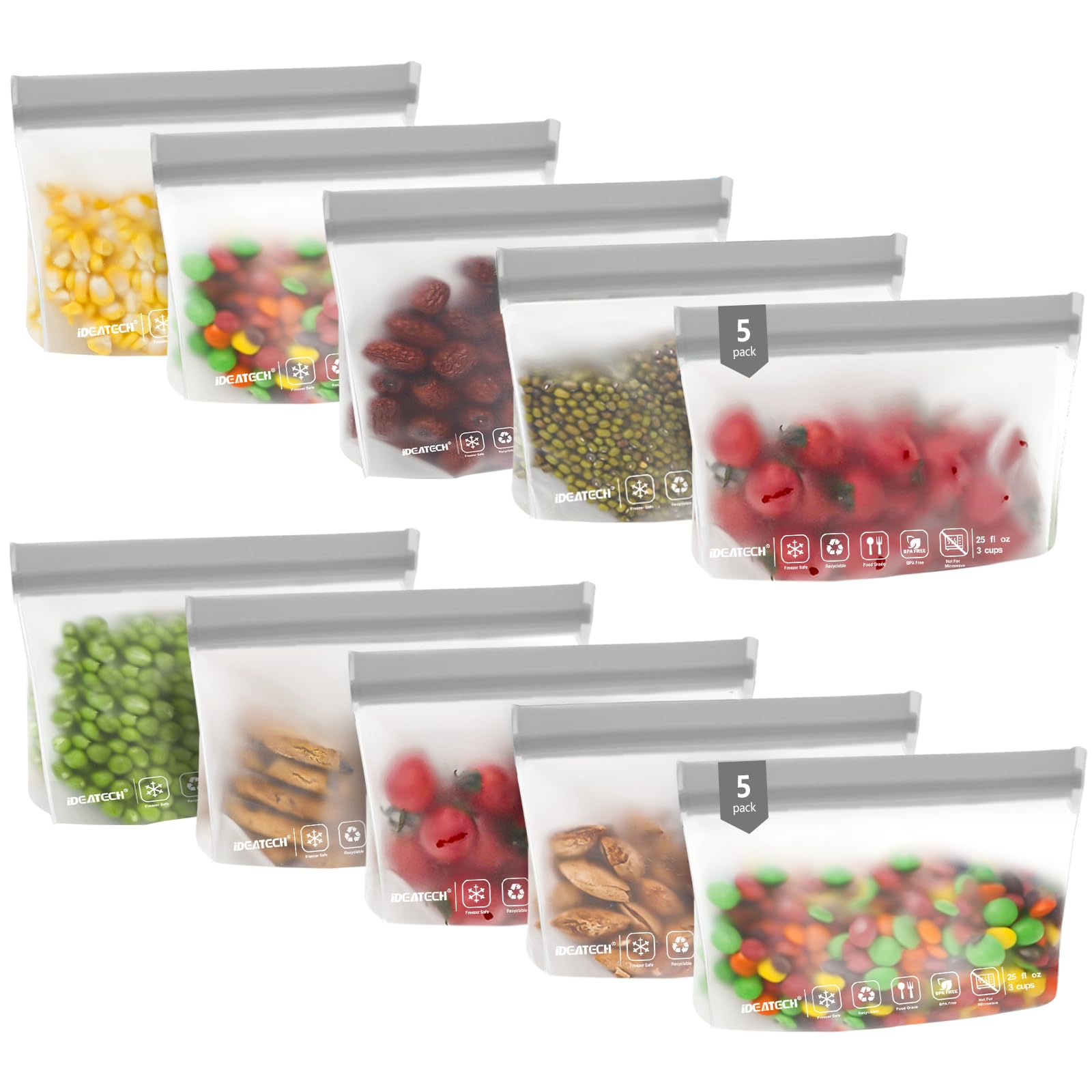 IDEATECH 10Pack Reusable Snack Bags Dishwasher Safe, BPA Free Food Storage Freezer Bags, Small Reusable Resealable Baggies for Cookies, Candy (10Snack, Grey)