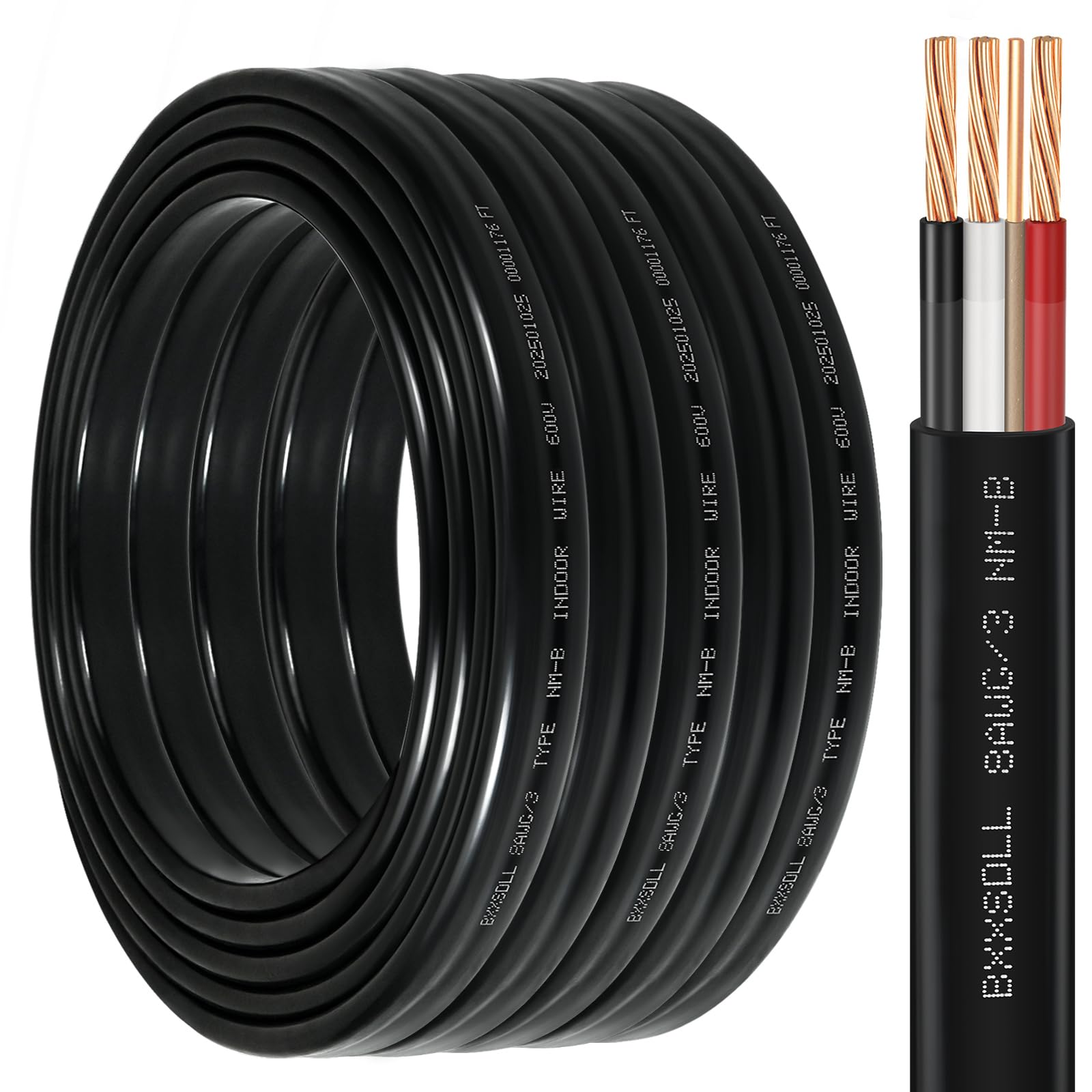 75 FT 8/3 NM-B Wire with Ground -8 AWG 3 Conductor Non-Metallic Sheathed Cable, 100% Pure Copper Electrical Wire for Outlets, Switches, Lighting,
