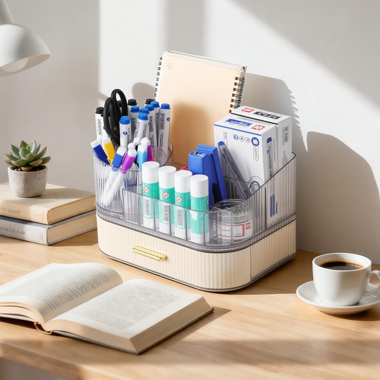 Delamu Makeup Organizer for Vanity with Stackable Drawers, 360 Rotating Makeup Brush Holder Large Cosmetic Display Case, Bathroom Skincare Storage, Elegant White, Ideal Christmas Gifts for Girls - Image 4