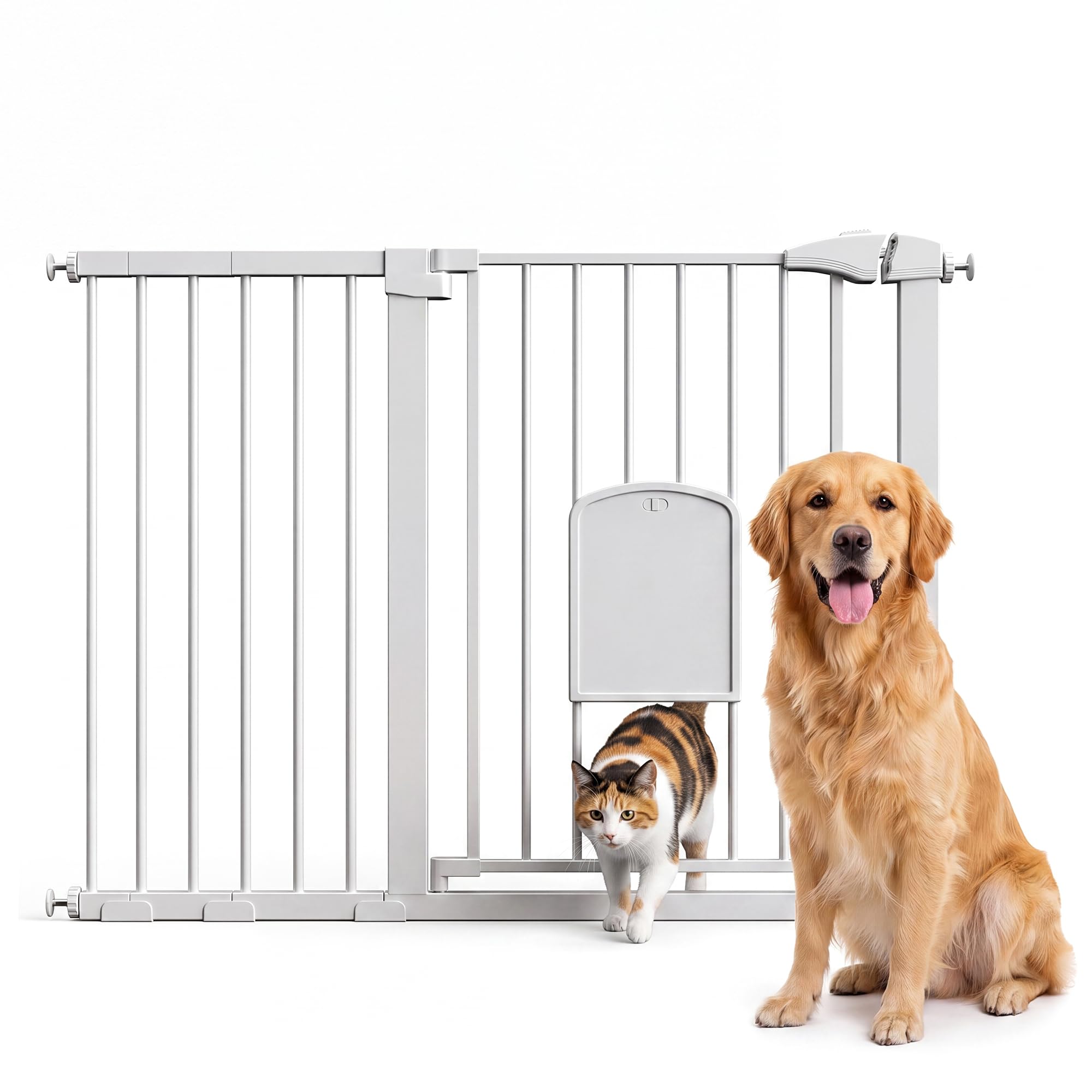 MoraRise 76cm Metal Pet Safety Gate with Cat Door, 75-125 cm Adjustable Dog Gate for Doorways & Stairs, Pressure Mounted, Auto-Close, No Tools Needed, Includes 3 Extension Pieces, White