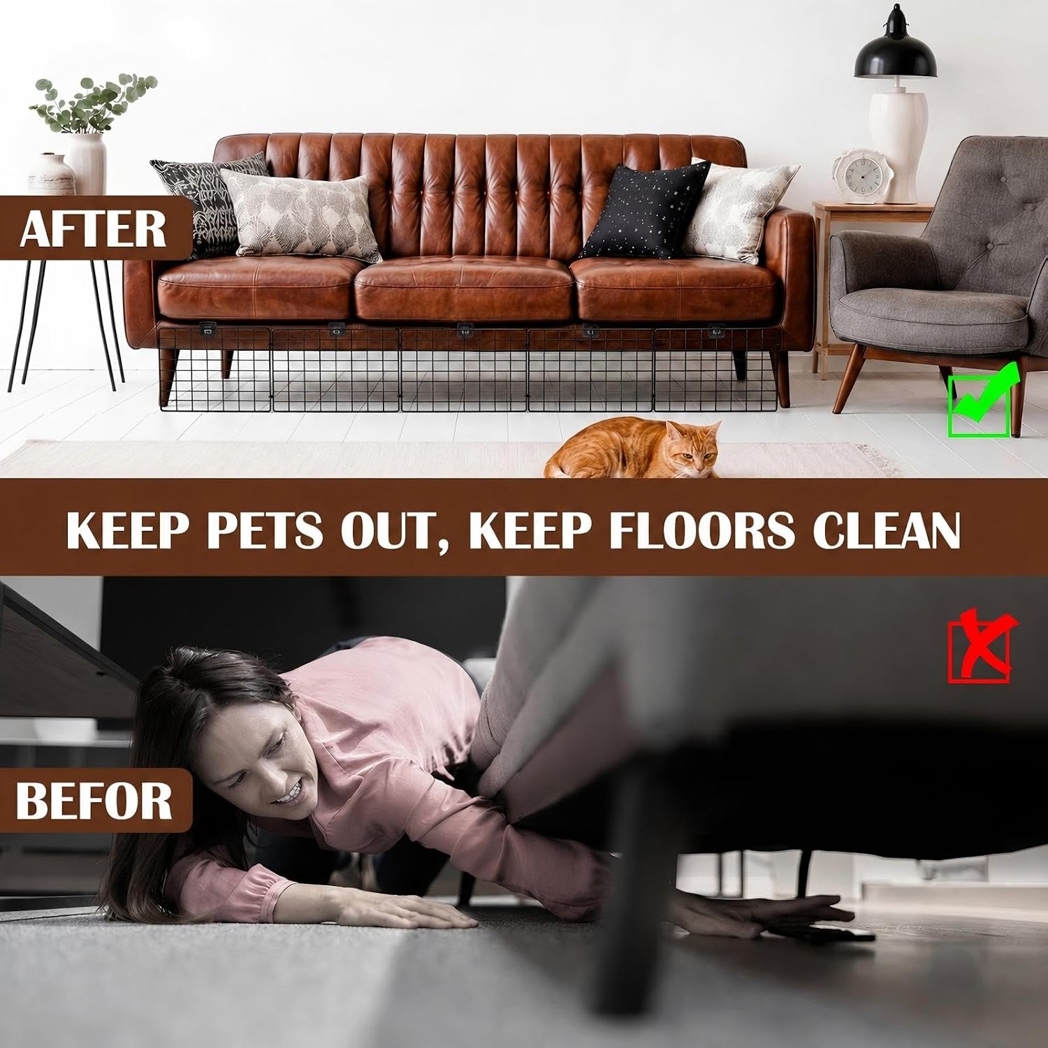Sliner 12 Pack Black Under Bed Blocker for Pets Metal Under Couch Blocker 16" L x 7.9" H Sofa Couch Barriers for Dogs Pets Cats Toys Items with 49 Accessories