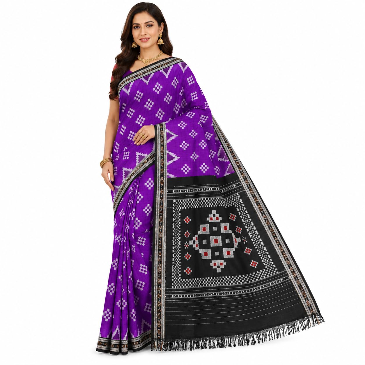Jayshree Heritage Women's Sambalpuri Handloom Cotton Saree | Royal Purple Ikat Body | Black Traditional Pallu | No Blouse Piece-image-13
