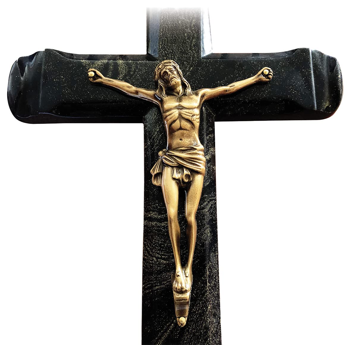 Croix Funéraire Pierre Noire Christ Bronze