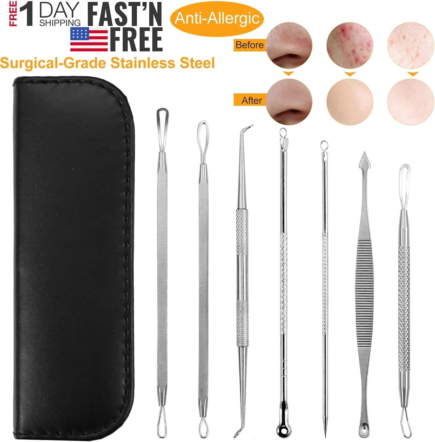 7 Pcs Blackhead Remover Kit Stainless Steel Pimple Comedone Acne Extractor Needle Tools