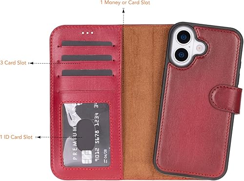 Miniatura 6 de Premium Leather Wallet Case for iPhone 17 Series, RFID Blocking, Detachable 2-in-1 Design with Card Slots, Red Cowhide Folio Cover with Football