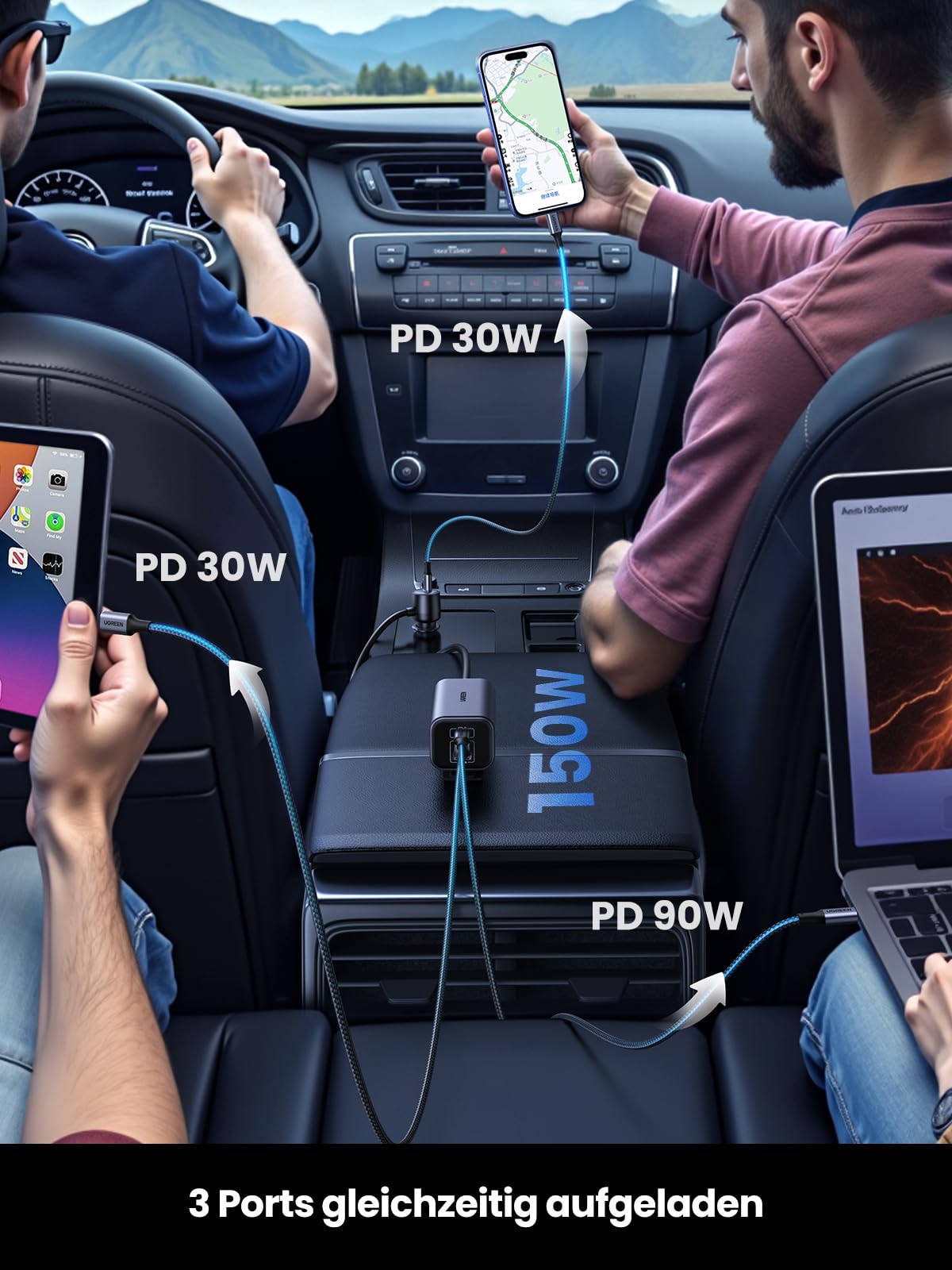 UGREEN 150W 4 in 1 Zigarettenanzünder USB C GaN PD3.1 schnell | kompaktes Verteiler, 140W USB C Ausgang, zigarettenanzünder Adapter kfz ladegerät für iPhone 17, Macbook, iPad, Gps usw.