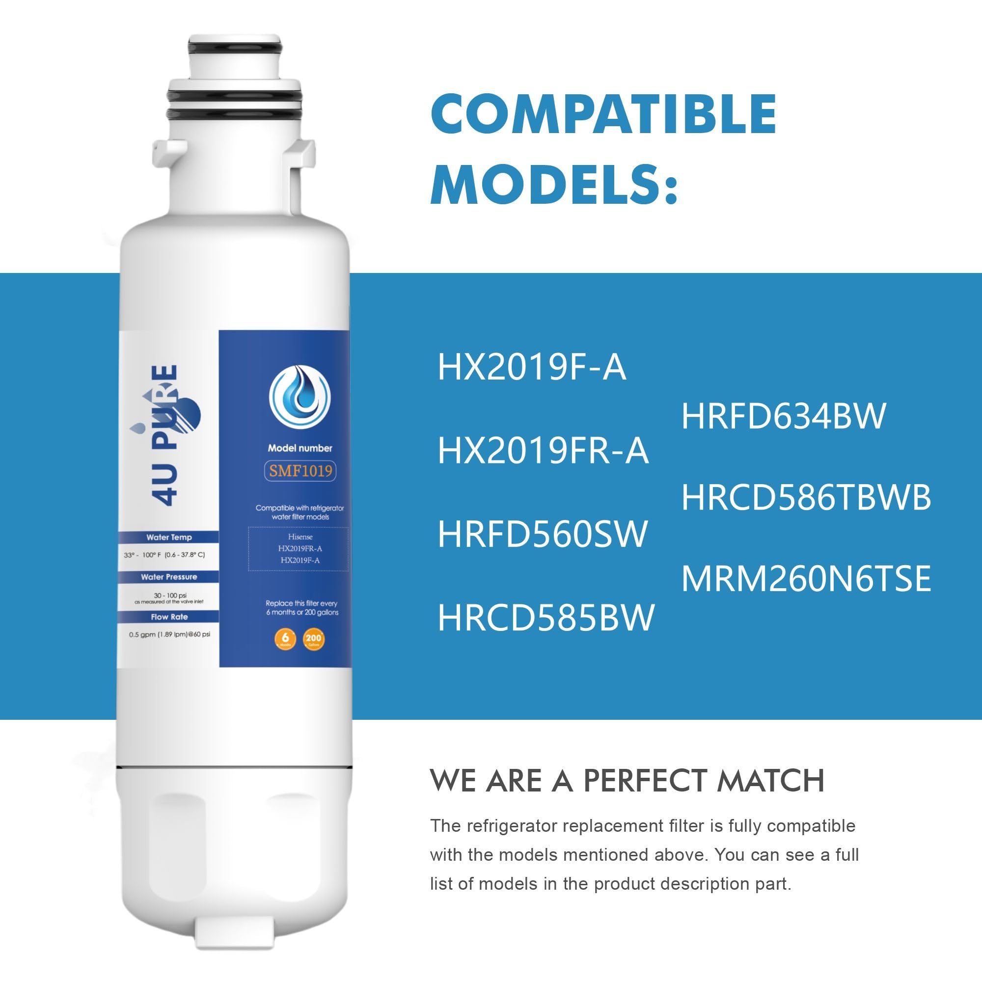 HX2019F-A HX2019FR-A Reemplazo de agua, compatible con Hisense HRM260N6TSE, HRFD560SW, HRCD585BW, HRFD634BW, HRCD650BW, HRCD586TBWB y Mora MRM260N6TSE, 2 unidades