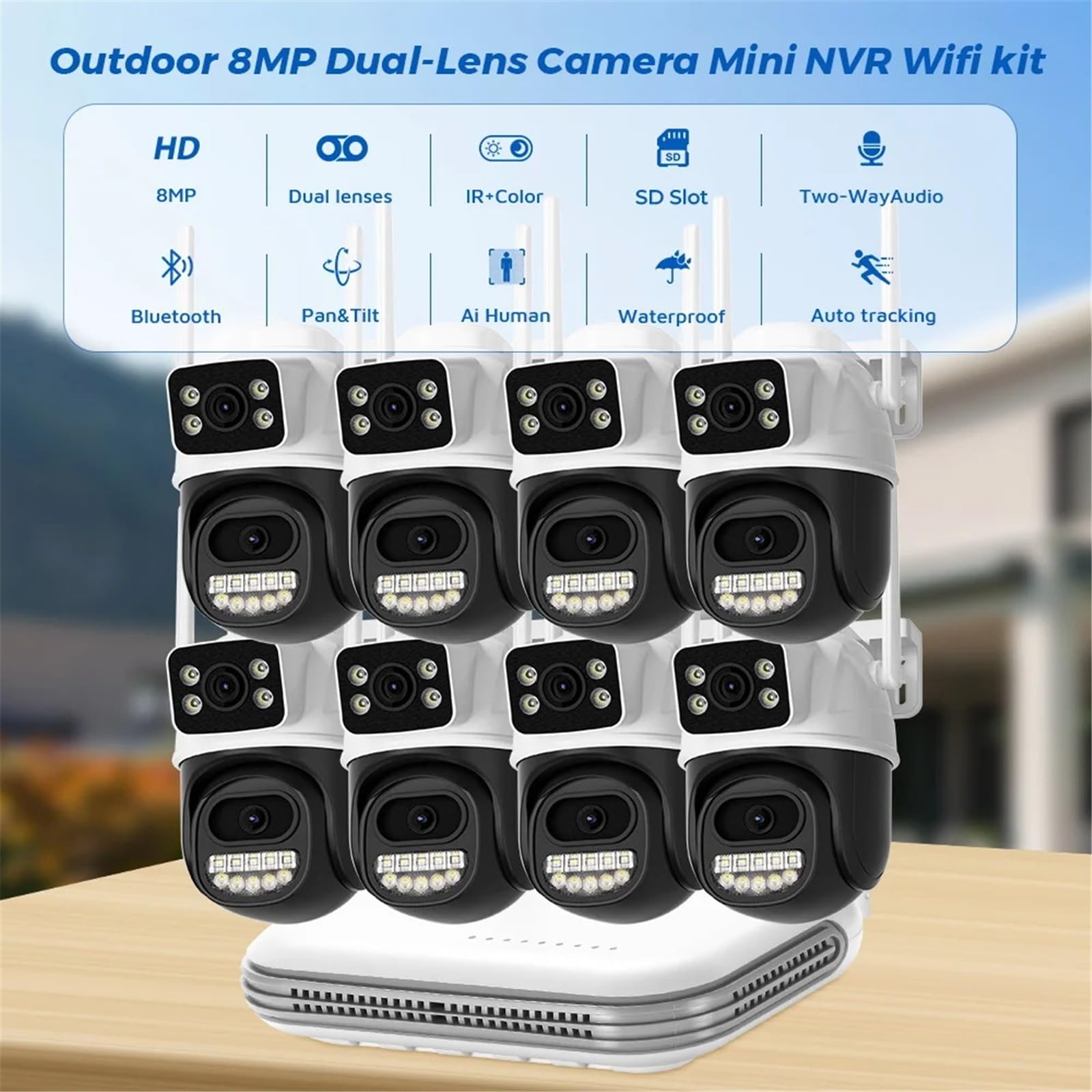 Kamera IP 8MP z dźwiękiem WiFi, zewnętrzna, 8-kanałowa, mini kamera NVR, zestaw do monitoringu CCTV, bezprzewodowy system kamer z noktowizorem na podczerwień(None,4pcs)
