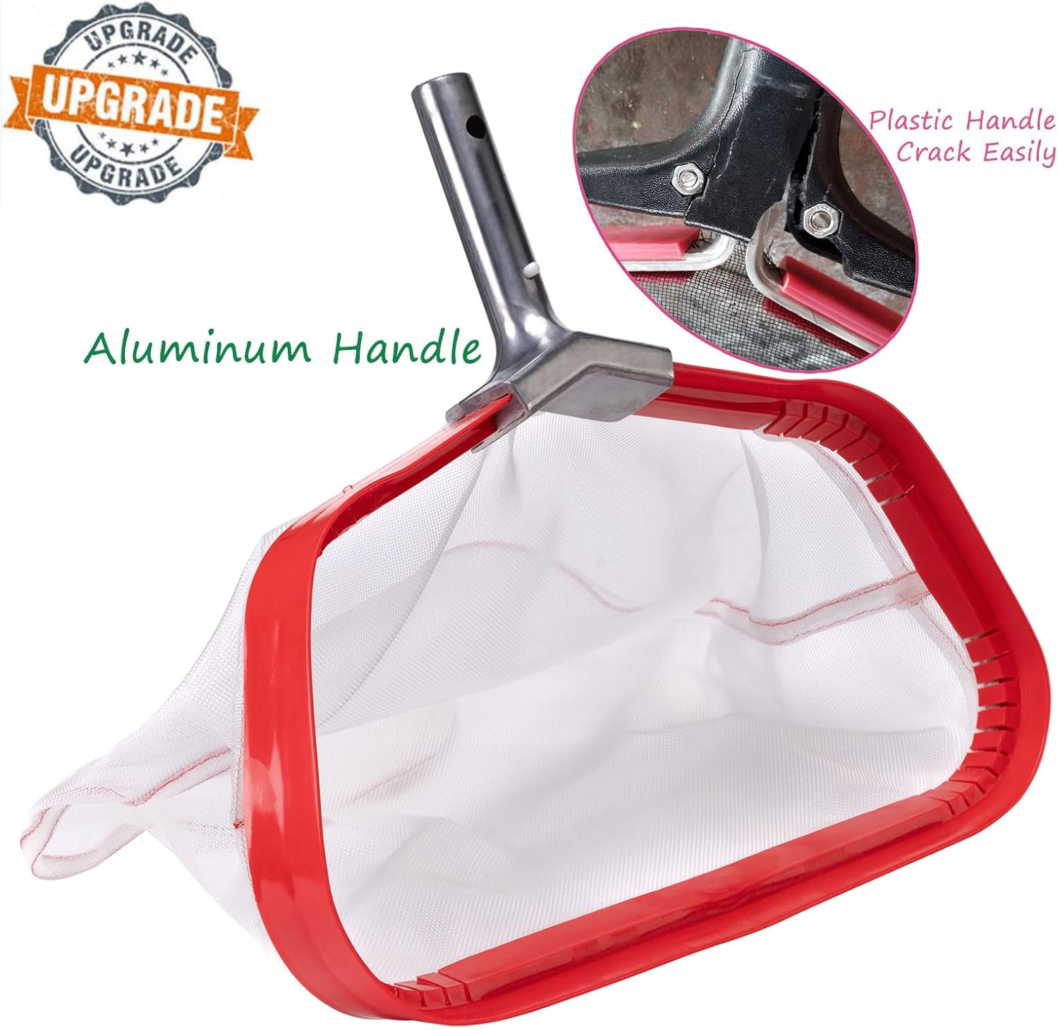 Professional Swimming Pool Skimmer, Heavy Duty Leaf Rake with Aluminum Frame, Anti-Rip Nylon Net Bag for Cleaning Twigs Wet Leaves