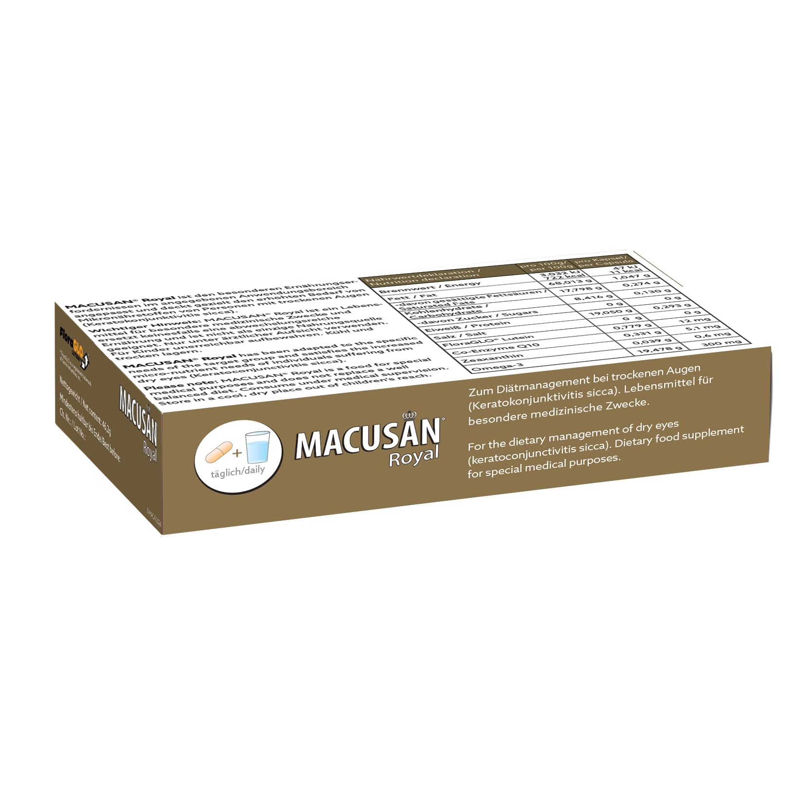 Macusan® Royal - Augenvitamine zur Behandlung bei trockenen Augen - Senkung des Risikos einer Altersbedingten Makuladegeneration (AMD) - Omega-3, Lutein und Zeaxanthin (30 Kapseln)