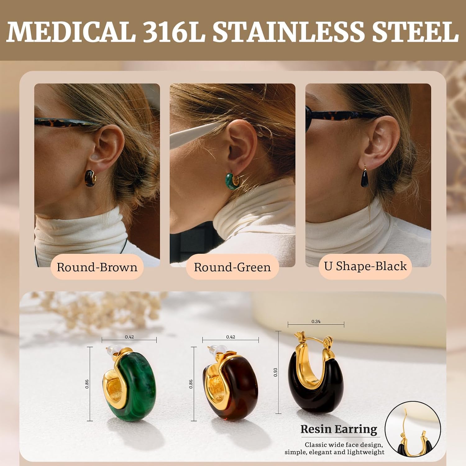 Fullpop Vintage Earrings for Women, Chunky 14K Gold Plated Resin Hoop Earrings Lightweight Hollow Drop Earrings Hypoallergenic Earrings for Women Vintage Anthropologie Jewelry Gifts for Women - Image 5