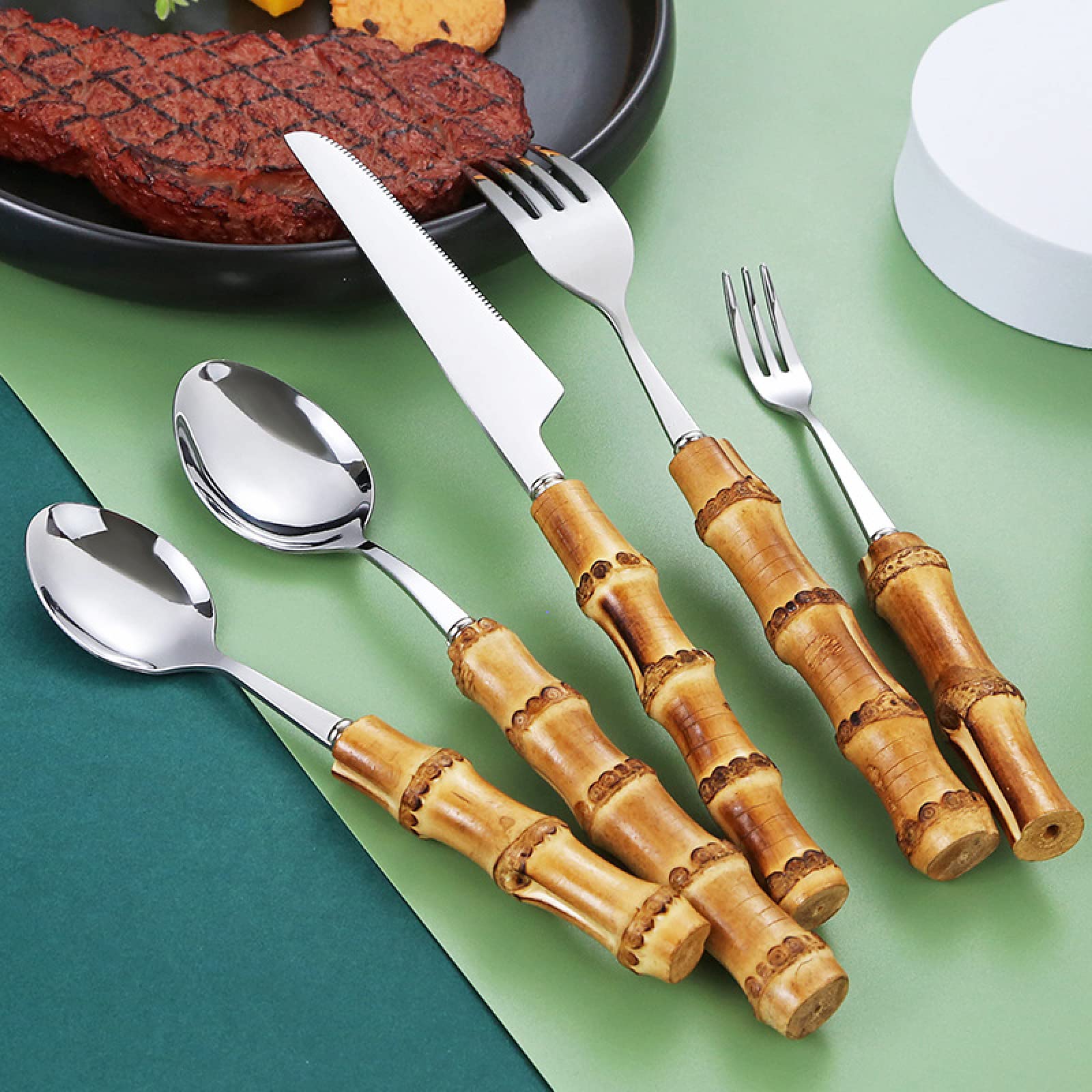 Juegos De Cubertería Juego De Vajilla De Bambú Vajilla Retro Con Mango Natural De Acero Inoxidable Cuchillos Para Carne Tenedor De Mesa Cuchara 30Uds.