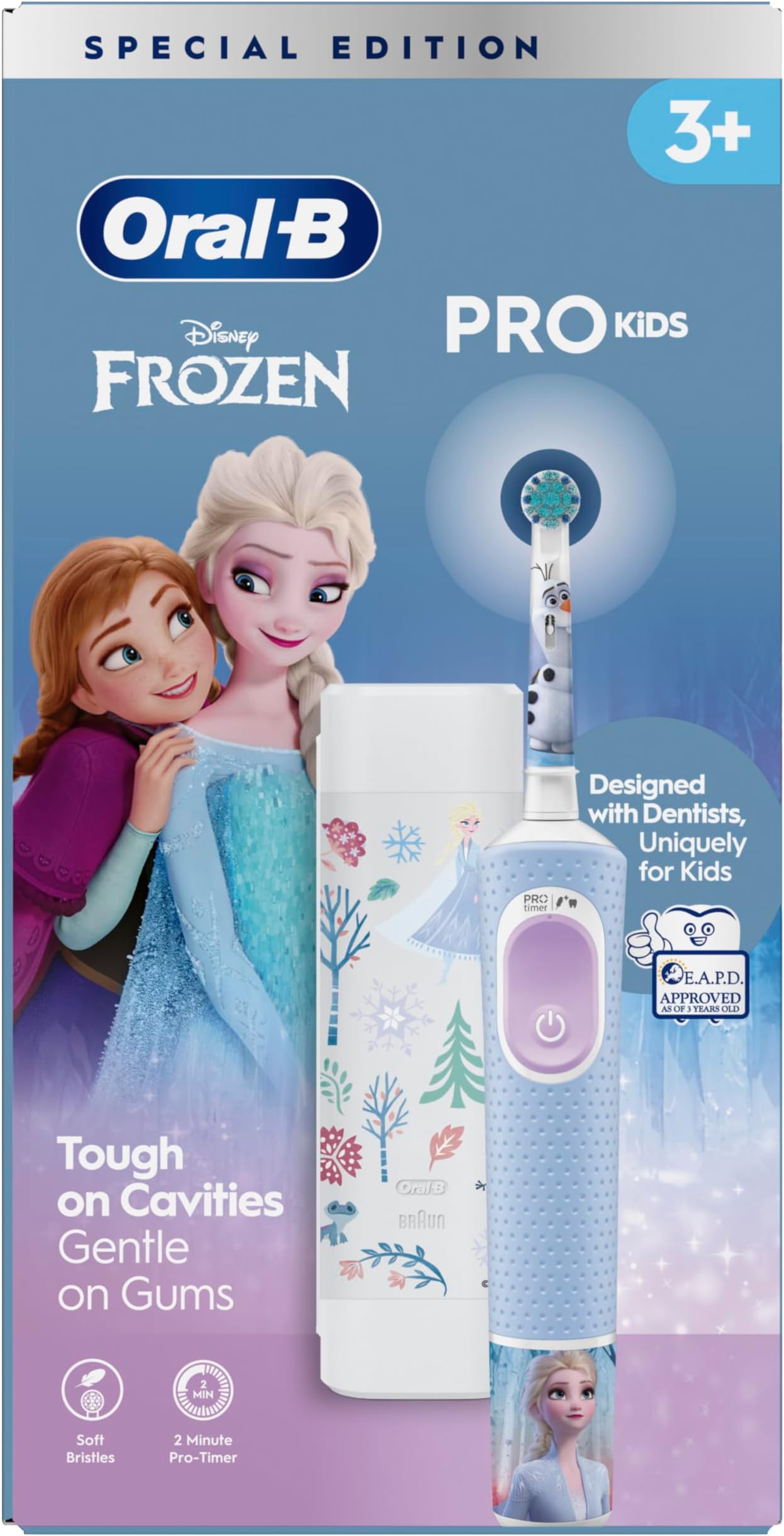 Pro Kids Electric Toothbrush, Christmas Gifts For Kids, 1 Toothbrush Head, x4 Frozen Stickers, 1 Travel Case, 2 Modes with Kid-Friendly Sensitive Mode, For Ages 3+, 2 Pin UK Plug, Blue