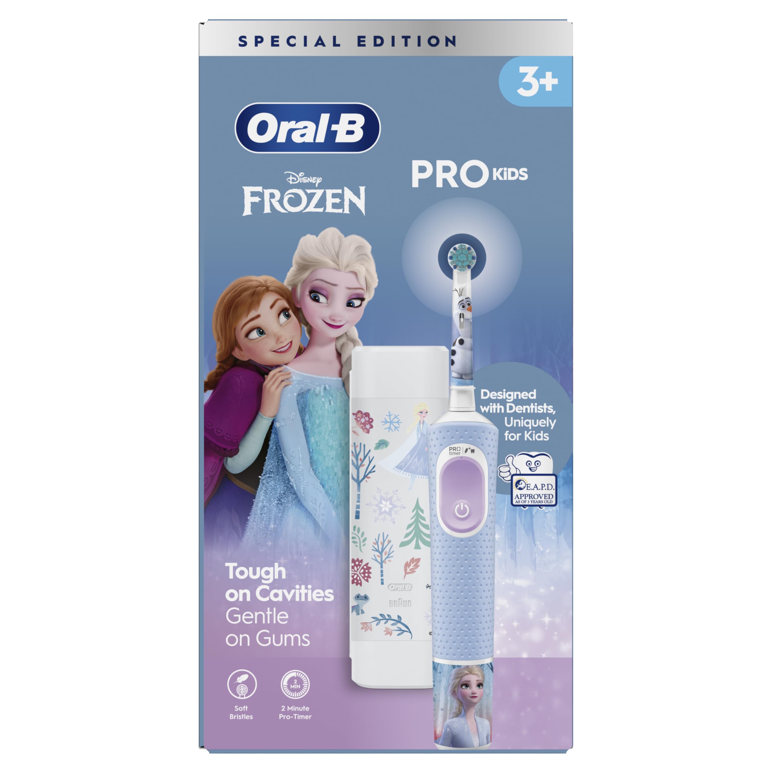 Oral-B Pro Kids Electric Toothbrush, Christmas Gifts For Kids, 1 Toothbrush Head, x4 Frozen Stickers, 1 Travel Case, 2 Modes with Kid-Friendly Sensitive Mode, For Ages 3+, 2 Pin UK Plug, Blue