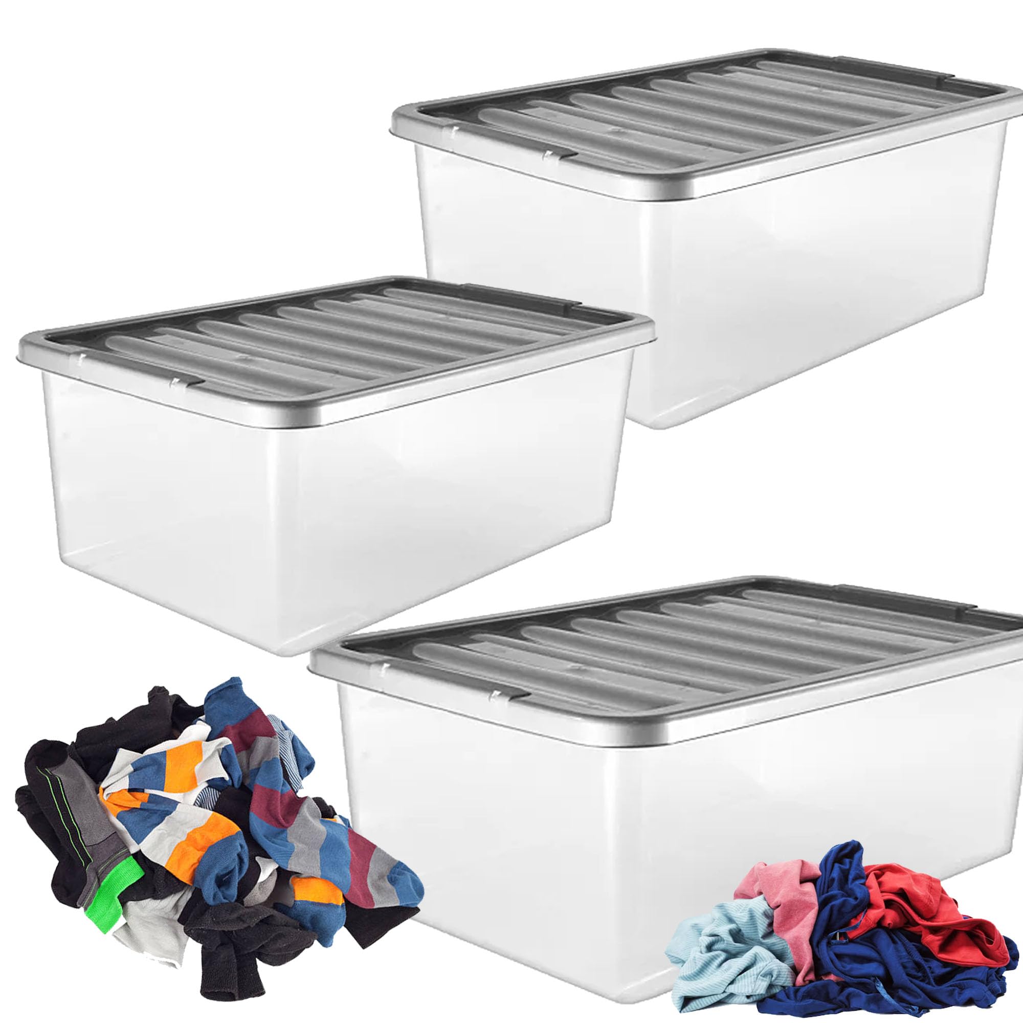 STORM TRADING GROUP 3 x Underbed Storage Containers 32 Litre Large Big Plastic Underbed Storage Clear Boxes With Silver Lids Strong Durable Stackable Containers
