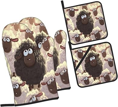 Oven Mitts and Pot Holders Sets of 4 Cartoon Black White Sheep Oven Mitts 4 Pcs Heat Resistant Non Slip Ovens Gloves Hot Pads Kitchen Gloves Potholders for Baking Cooking BBQ Grilling