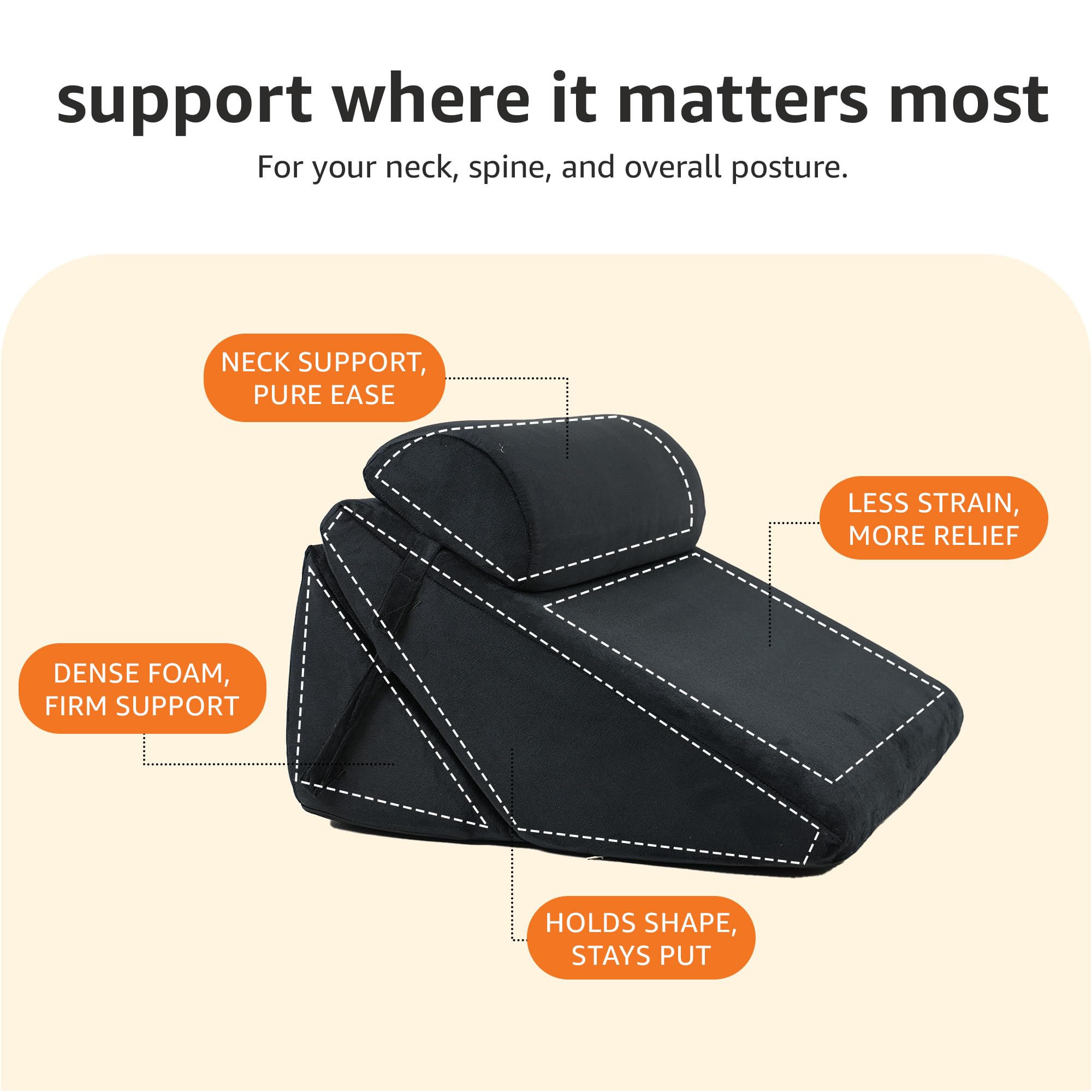 Amazon Basics Orthopedic Adjustable Wedge Pillow-Memory Foam with Head Rest-Back Support for Bed, Leg Elevation, Acid Reflux, GERD, Snoring |6 Months Warranty-Soft Washable Cover-Black,38 x 57 x 53 CM - Image 7 thumbnail
