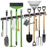 ZONGOOL 2-Pack Stainless Steel Broom Holder Wall Mount: 4 Racks 5 Hooks Heavy Duty Mop Organizer for Garage Kitchen Laundry Garden (Black)