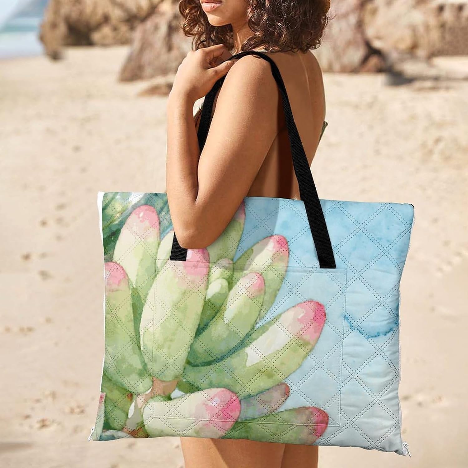 Green Plant Flower Picnic Blanket with Zipper Water Resistant Sand Free Picnic Mat Washable Foldable Easy Carry Beach Blanket for Lawn Beach Hiking Camping