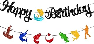 Fish Happy Birthday Banner Fishing Pole Fisher Fishermen Bait Angling Boat Themed Happy Birthday Party Decoration for Girl Boy Kids Children Birthday Event Supplies Double Sided