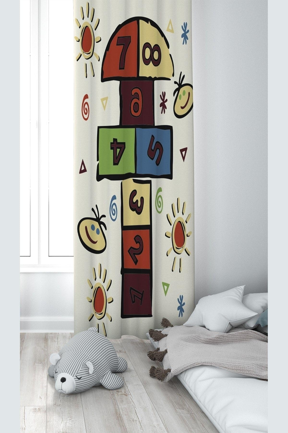 Pelangi Krem Seksek Desenli Dijital Baskı Yıkanabilir Bebek Çocuk Odası Fon Perdesi, bej-renkli 140 x 270