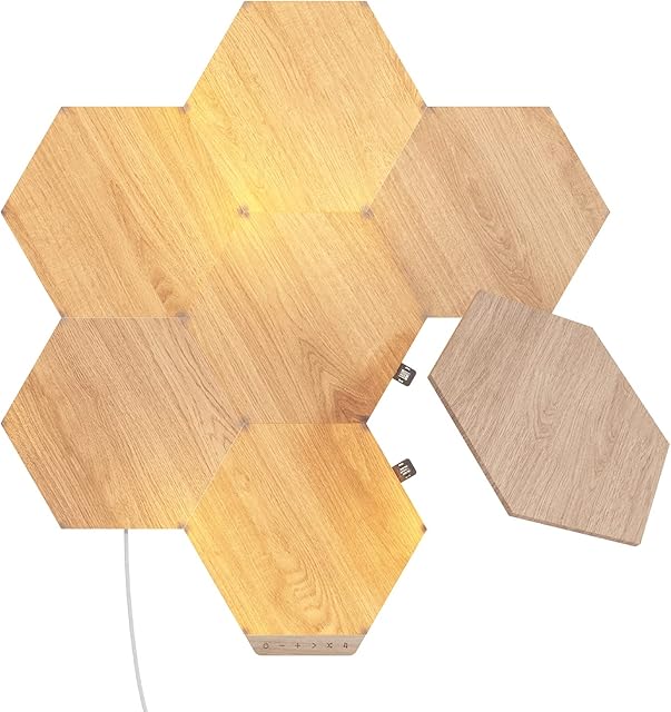 Nanoleaf Elements Hexagon Starter Kit, 7 Wood Look LED Smart Light Panels - Dimmable & Modular Wi-Fi Wall Mood Lights, Works with Alexa Google Assistant Apple Homekit, for House Room Decor or Desk