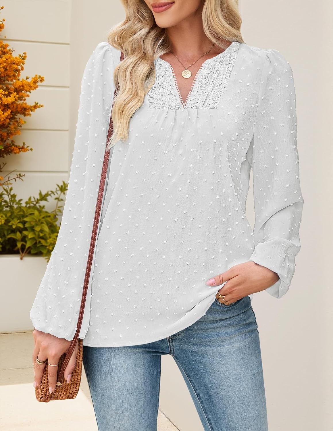 MEROKEETY Women's Fall Long Sleeve Blouse Shirt 2025 Dressy Casual Crochet Lace V Neck Swiss Dot Tops - Image 5