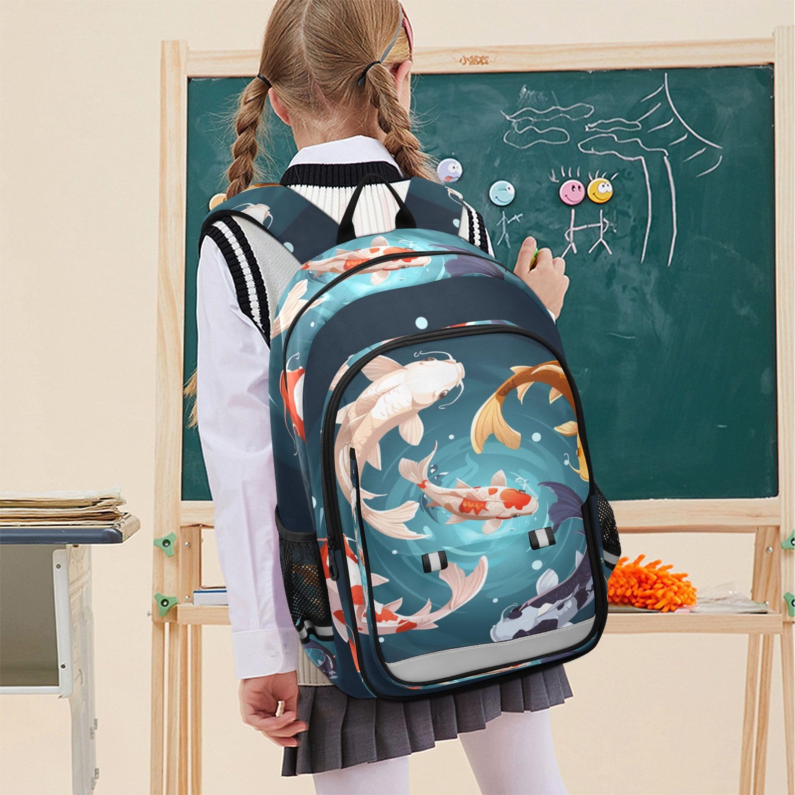 Pesce Koi Colorato Nuoto Acqua Circolare Zaino Scolastico per Studenti,Zainetti per Bambini e Ragazzi,Ideali per La Scuola Viaggi