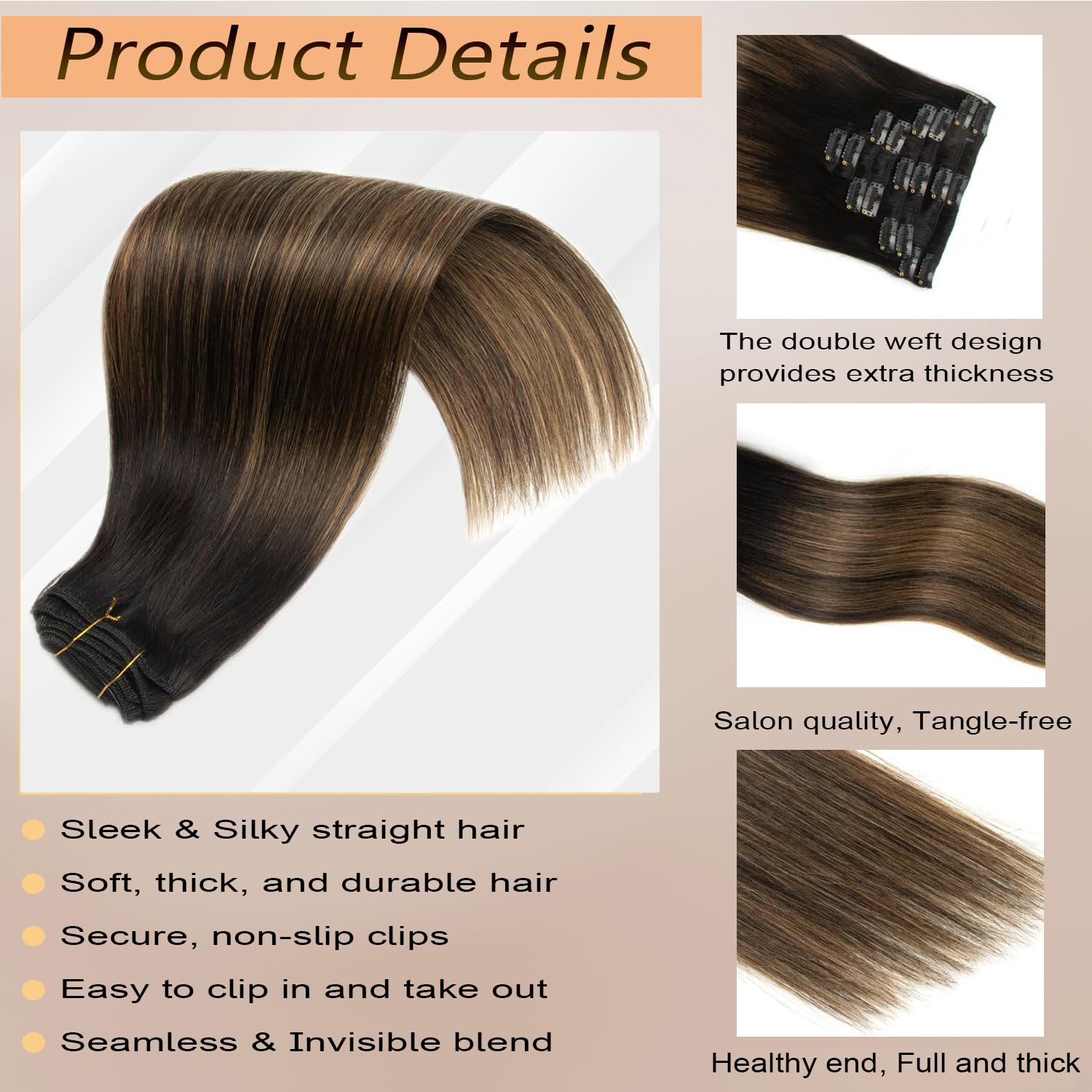 Ombre Highlight Clip in Hair Extensions Real Human Hair 22 Inch 7pcs 120g Natural Black Mix Chestnut Brown Remy Human Hair Clip Ins 16 Clips Double Weft Straight Clip In Hair Extensions for Woman