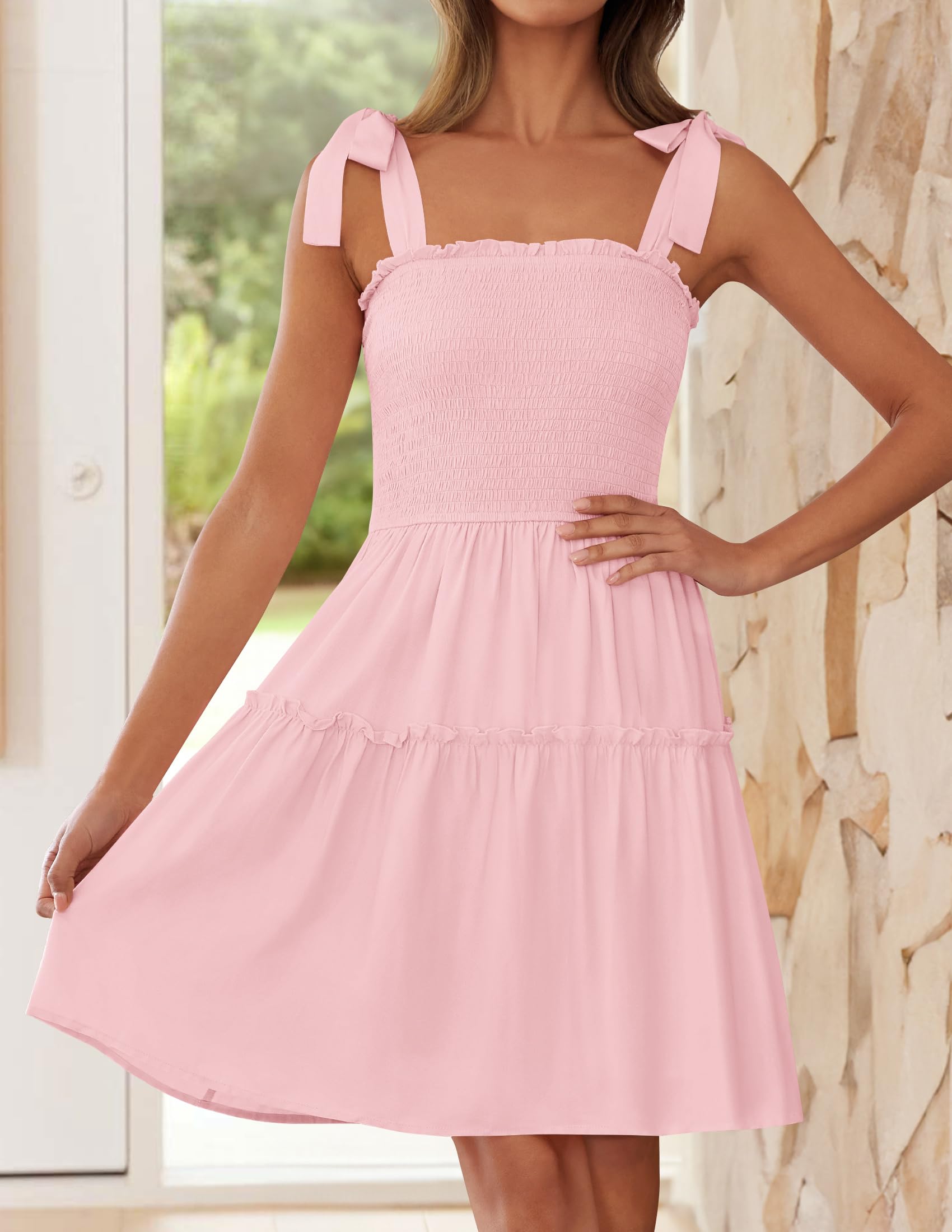 ZESICA Women's 2025 Summer Spaghetti Strap Sleeveless Square Neck Ruffle A Line Swing Mini Dress