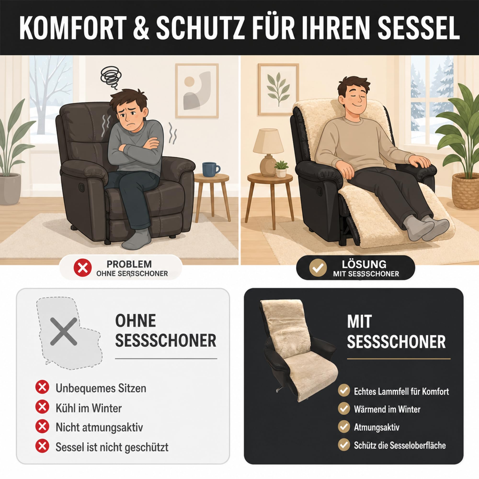 Sesselschoner für Relaxsessel universell komplett aus Lammfell 50 cm Breite (Anthrazit)