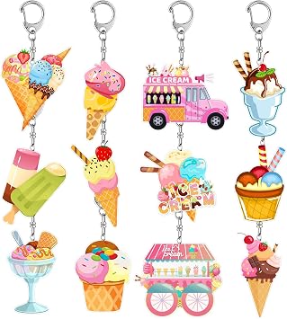 12 PCS Ice Cream Party Favors 12 Style Ice Cream Acrylic Keychains for Ice Cream Birthday Party Decorations Supplies Gifts for Kids Classroom Prizes