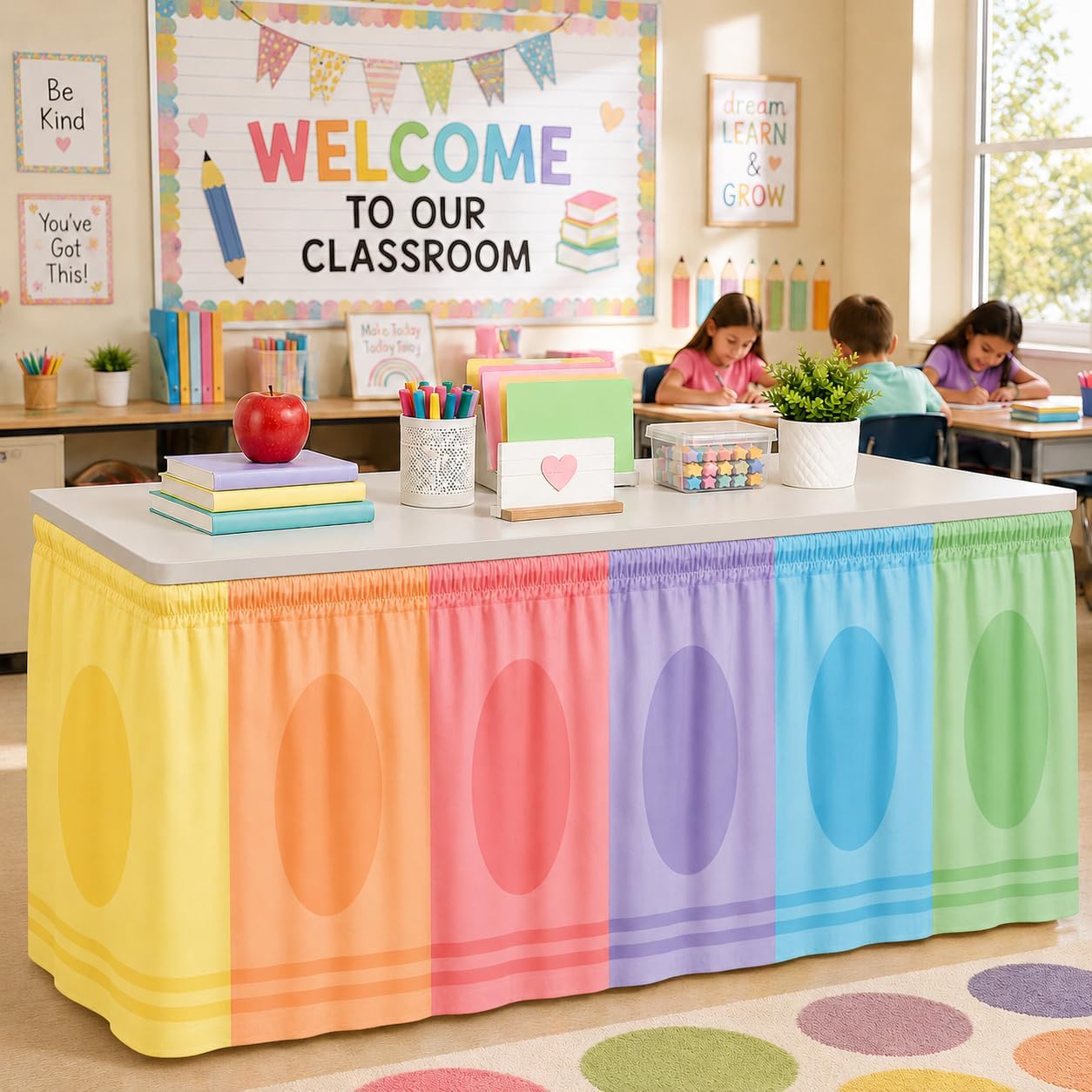 Cinrobiye Teacher Desk Skirt 14 FT x 30 Inch,Classroom Desk Decoration for Teachers, Fits Rectangle, Round & Kidney Shaped Tables, Back to School Classroom Setup, Teacher Station Decor(Crayon)