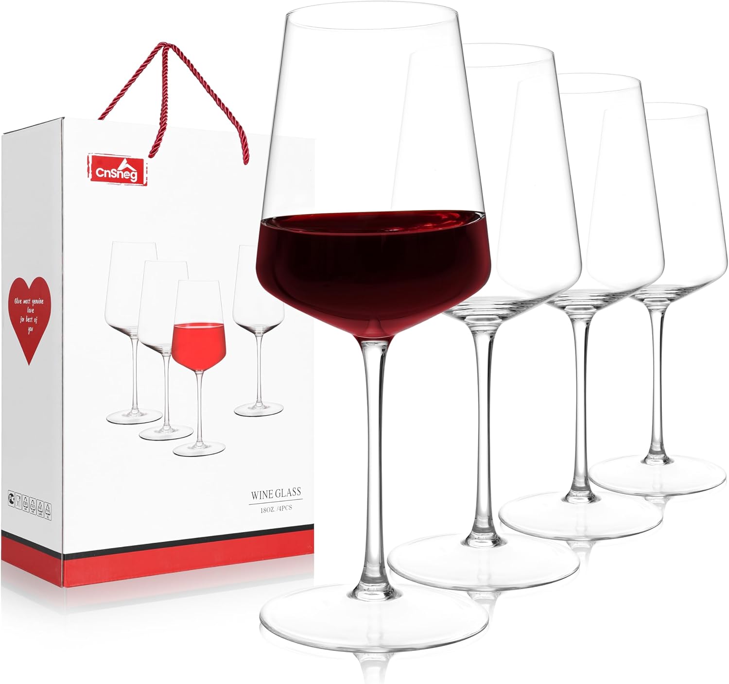 Red Wine Glasses Set of 4, Hand Blown Stemmed Wine Glass 18oz, Premium Crystal White Wine Glasses for Christmas, Birthday, Wedding Gift