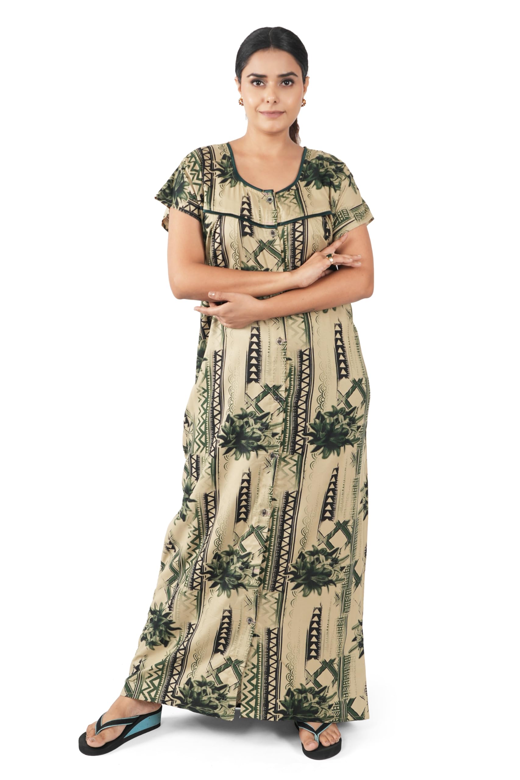 ANGLINA Women's All Over Printed Open Front Rayon Cotton Blend Nighty/Maxi/Nightgown/Nightwear WSR-121