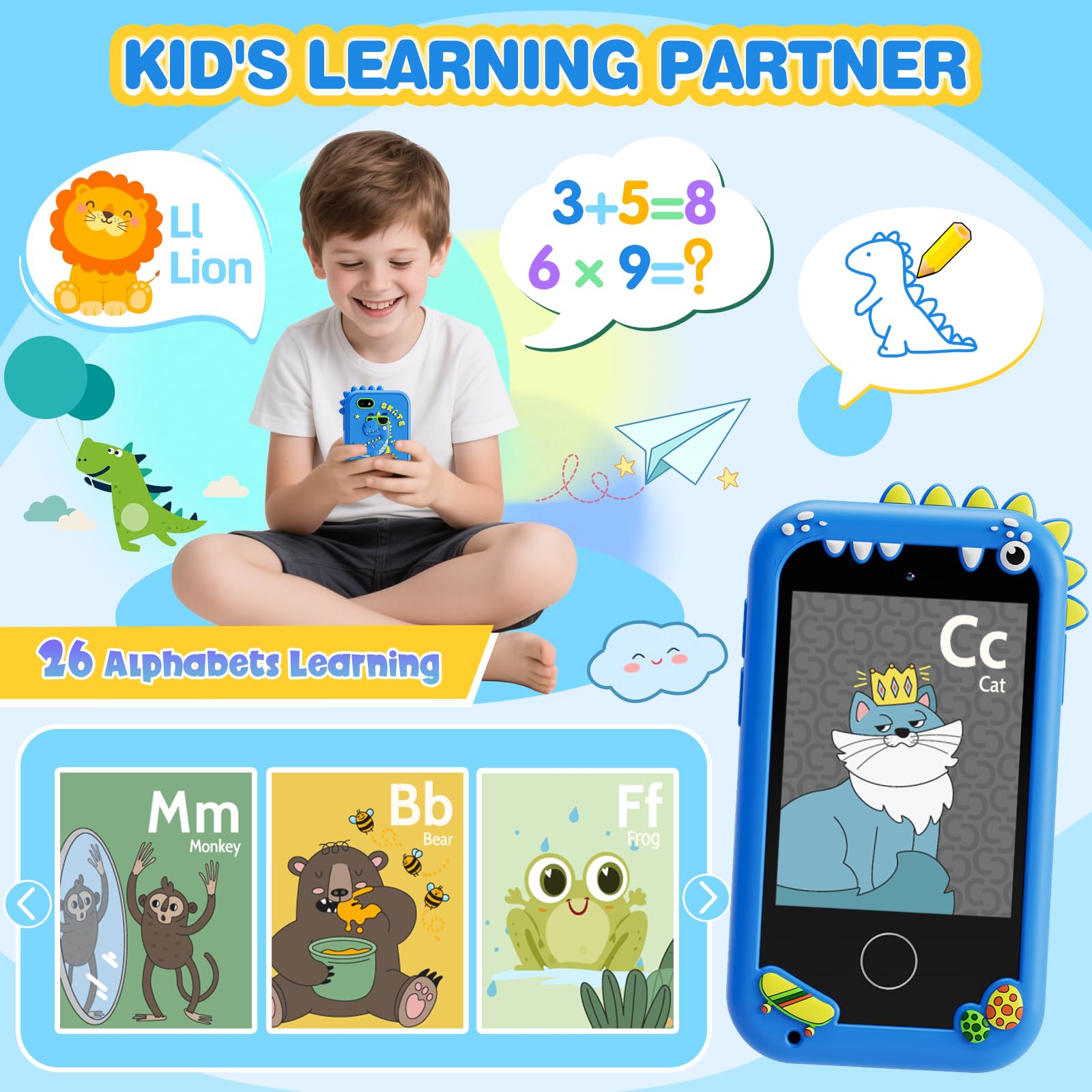 Juguetes de teléfono inteligente para niños, juguetes de regalo de dinosaurios para niños de 3 a 10 años, regalos de cumpleaños, juguetes de aprendizaje con pantalla táctil de 2.8 pulgadas, música 5