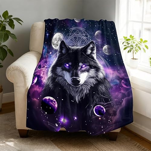 Fleece-Überwurfdecke mit Weltraumwolf, 152,4 x 203,2 cm, für Couch, Sofa, Bett, 