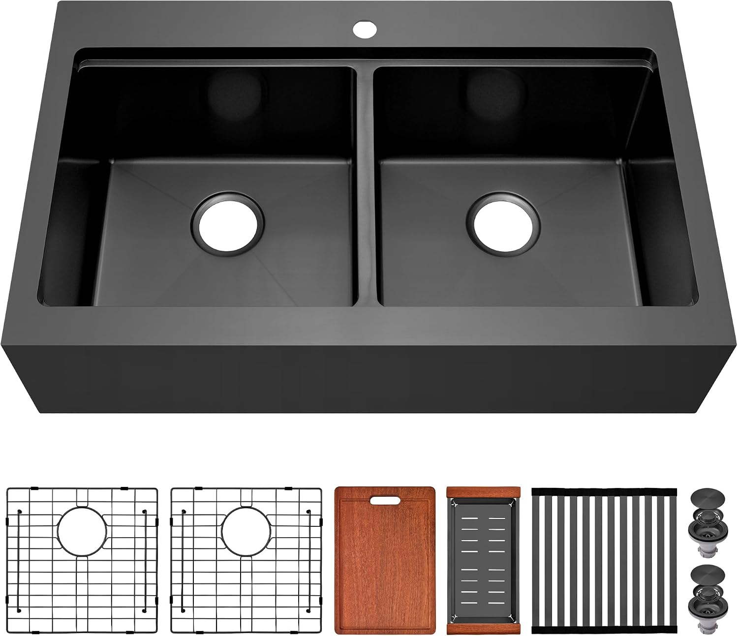 Black Farmhouse Kitchen Sink 33 x 22 Drop In, 50/50 Double Bowl Farm Sinks, 16 Gauge Stainless Steel Workstation Sink with Ledge & Accessories, 33" x 22" x 10" Large and Deep Double Sinks