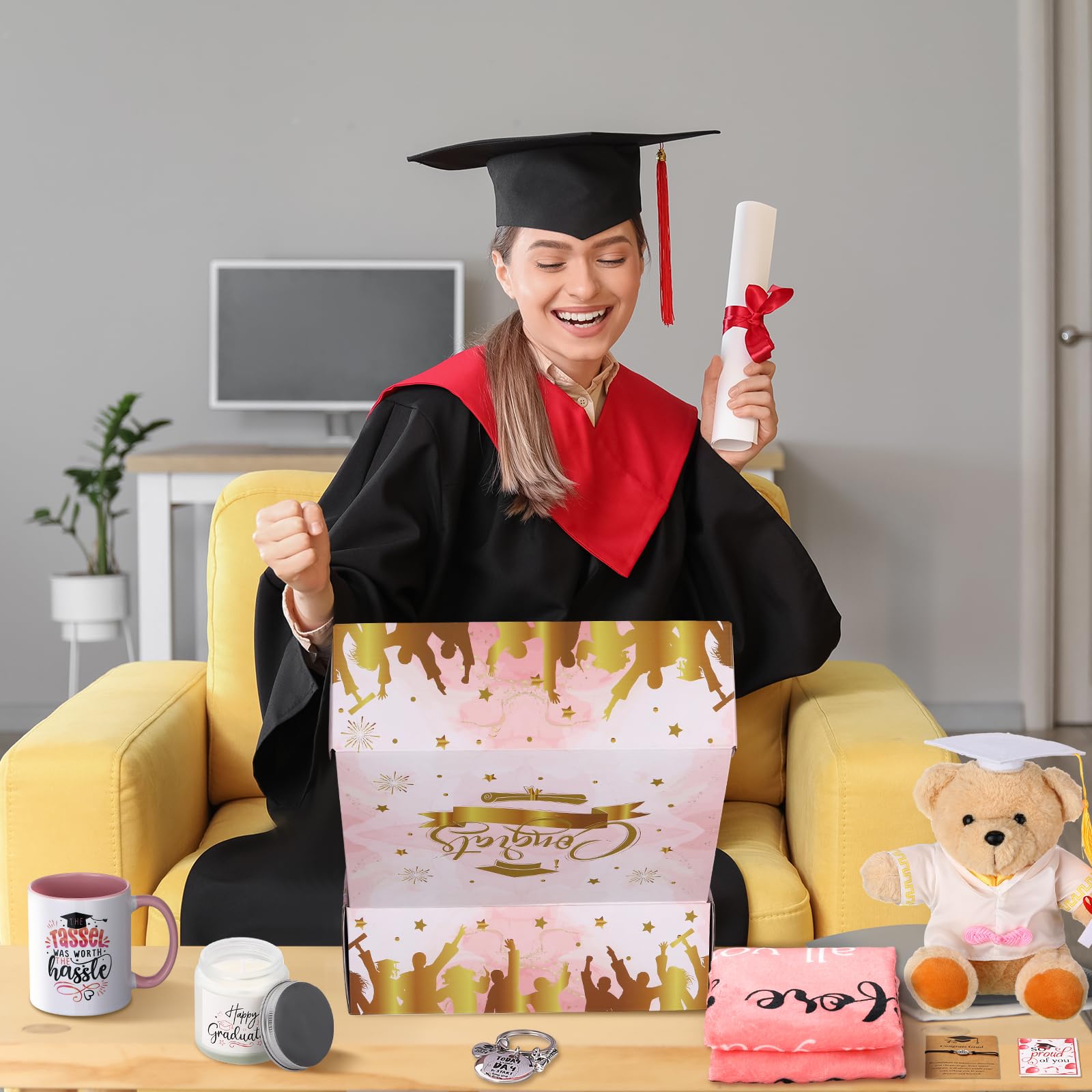 ReliThick Juego de 10 piezas de regalos de graduación universitaria 2024 para él, ella, felicitaciones, graduación, cesta de regalo que incluye manta de graduación, calcetines de tarjeta de oso, taza,
