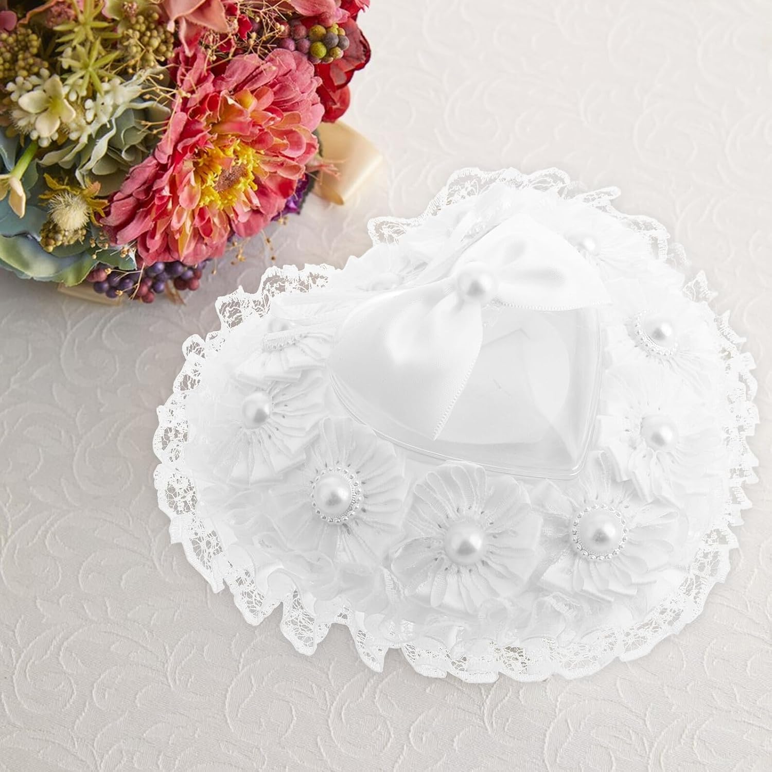 PRETYZOOM Heart-Shaped Wedding Ring Pillow with Pearl Lace Decoration, Soft Pe Foam Cushion Ring Bearer Pillow for Engagement and Ceremony Supplies